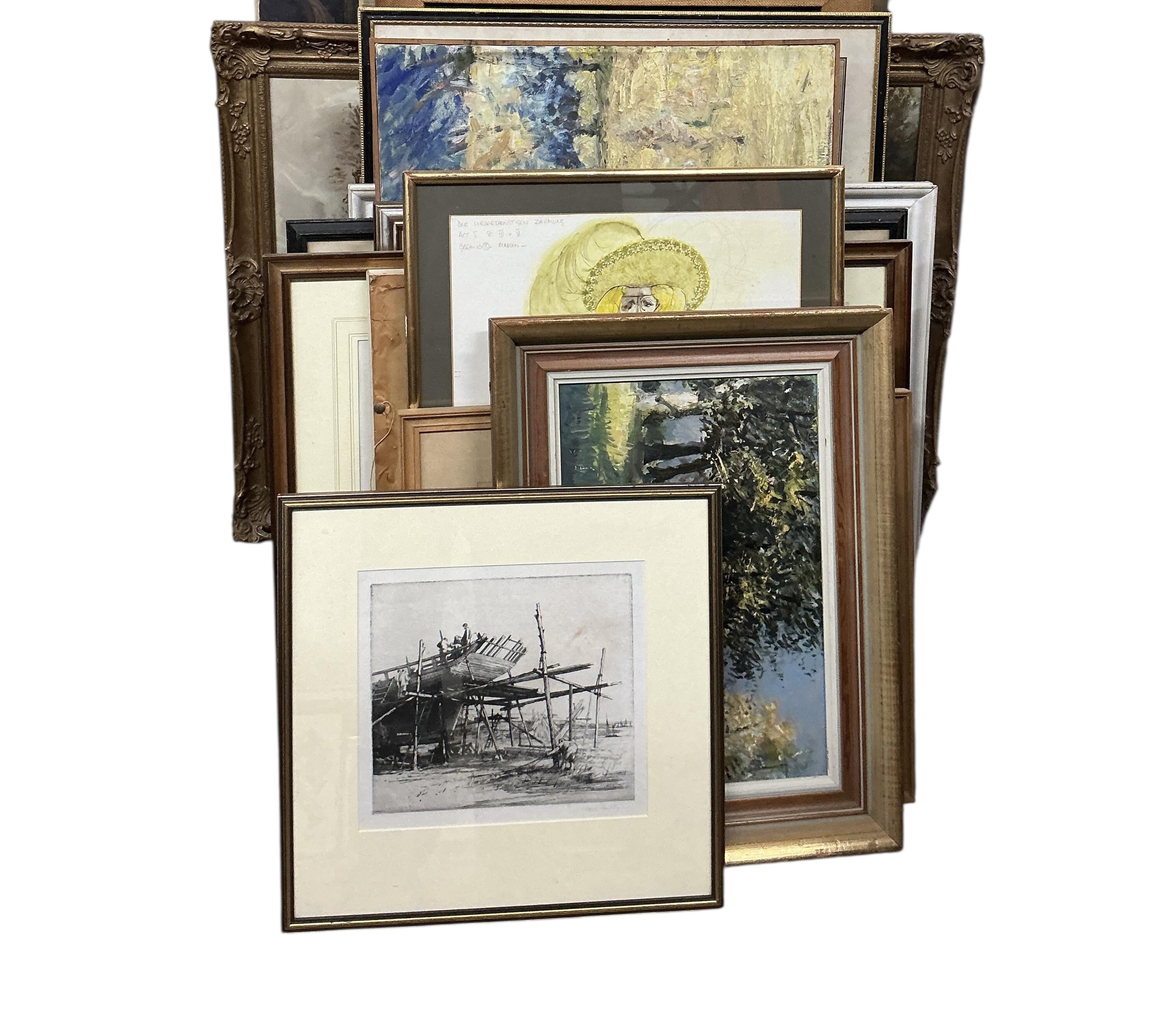 A quantity of assorted watercolours, prints and oils